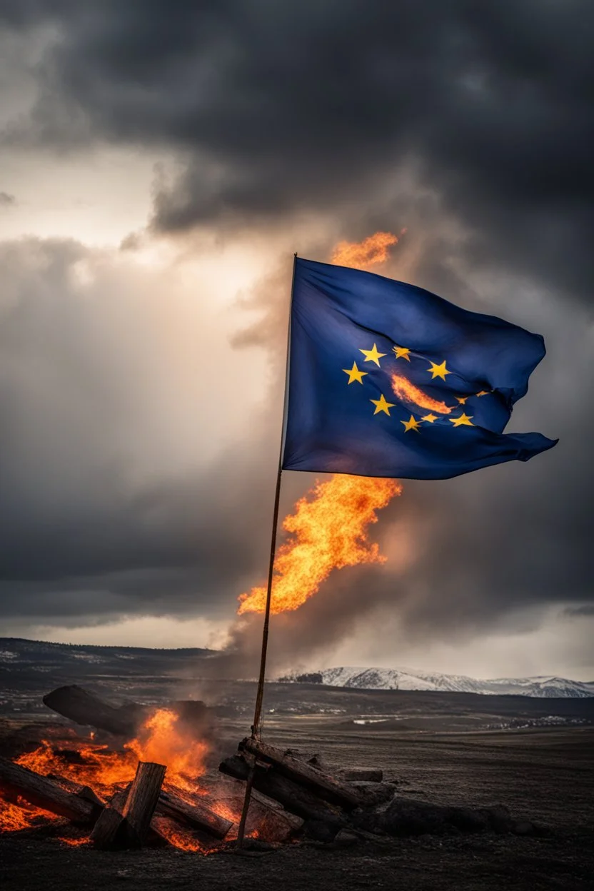 European flag, under stormy skies, a fire burns in the distance;