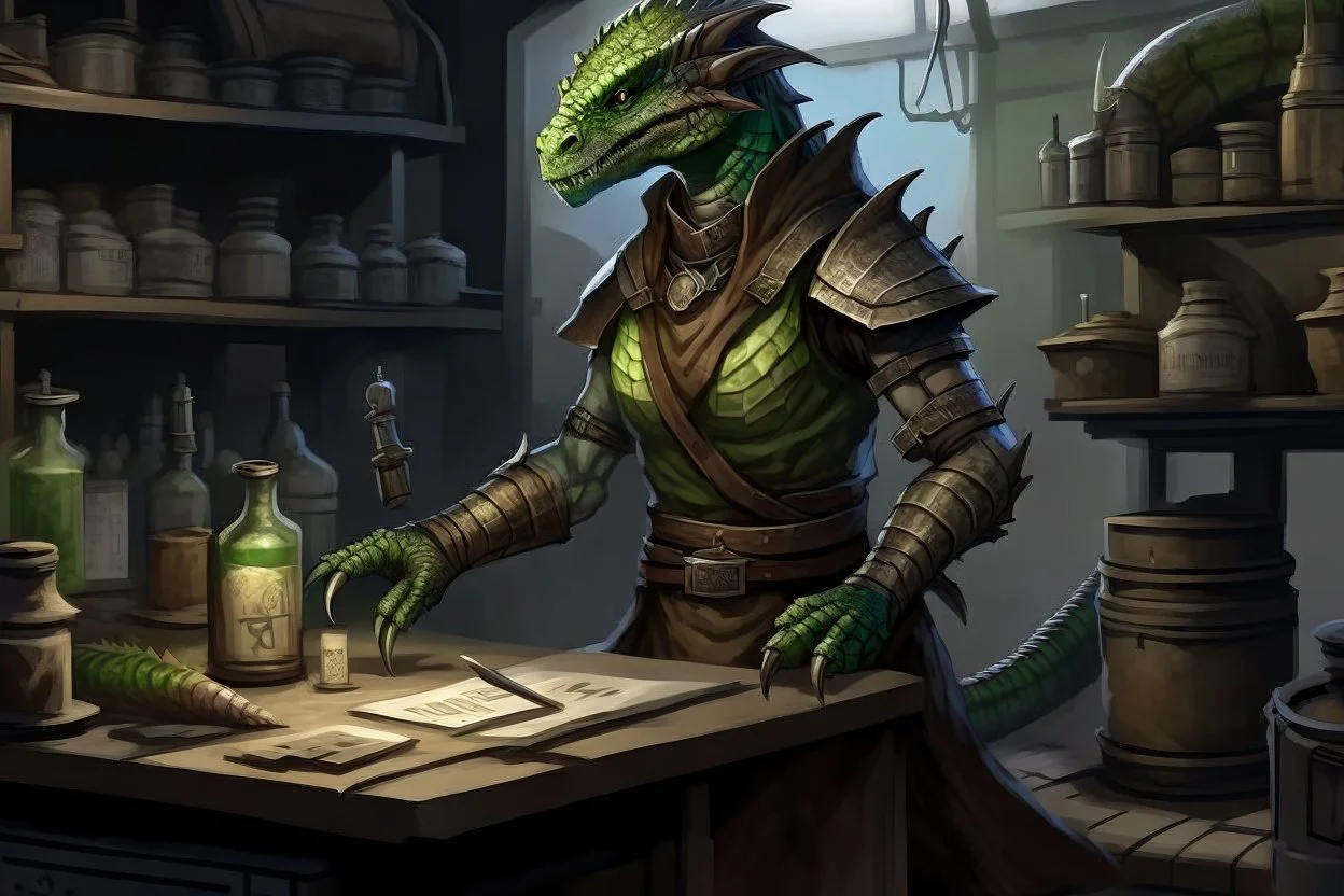 the lab of a female argonian artificer