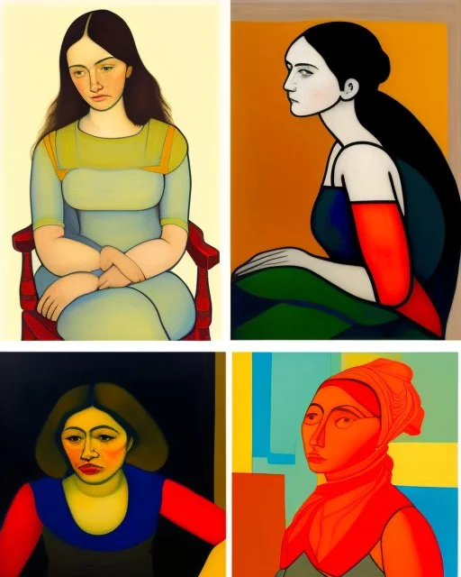 four paintings of a tired woman sitting on a chair, inspired by Paula Modersohn-Becker, flickr, cubism, kalighat highly detailed, mahmud barzanji, sleeveless, oilpaint, variations around female, scarlet, 1970s philippines, family portrait, sukhasana, in the styles of thomas eakins, centre composition, phuoc quan