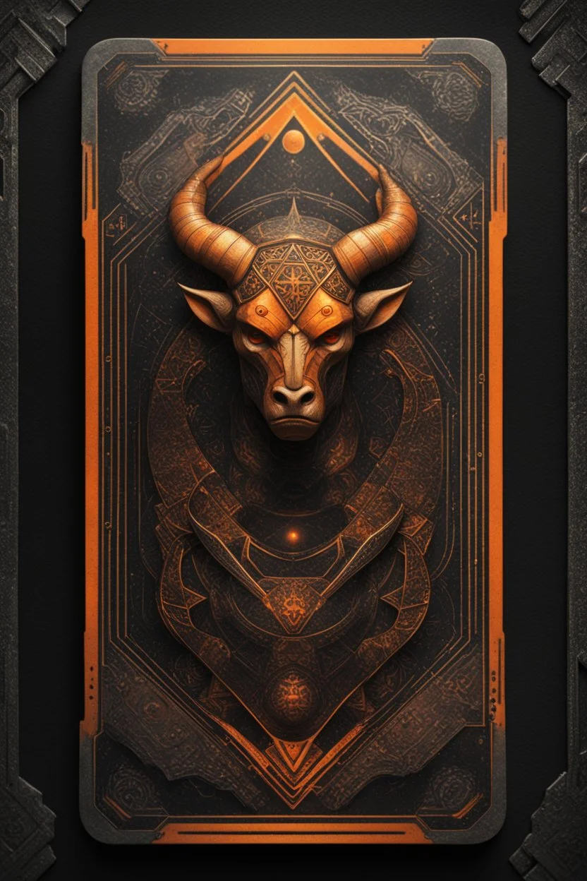 sacred geometry framed playing card, black and orange minotaur star conquistador with shadows boss card in the style of Giger and fallout 4 ,,bokeh like f/0.8, tilt-shift lens 8k, high detail, smooth render, down-light, unreal engine