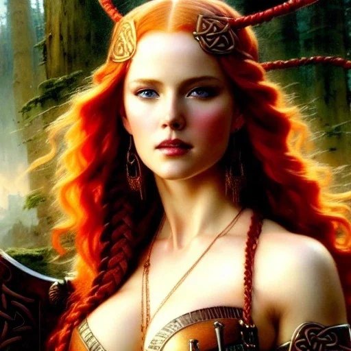 portrait 'beautiful Sexy busty Redhead Sif',Braids, celtic tattoed,painting by gaston bussiere, greg rutkowski, yoji shinkawa, yoshitaka amano, tsutomu nihei, donato giancola, tim hildebrandt, oil on canvas, cinematic composition, extreme detail,fit full head inside picture,32k