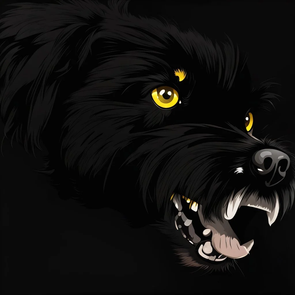 an angry scruffy black terrier on black background, yellow eyes, make 30% brighter, illustration