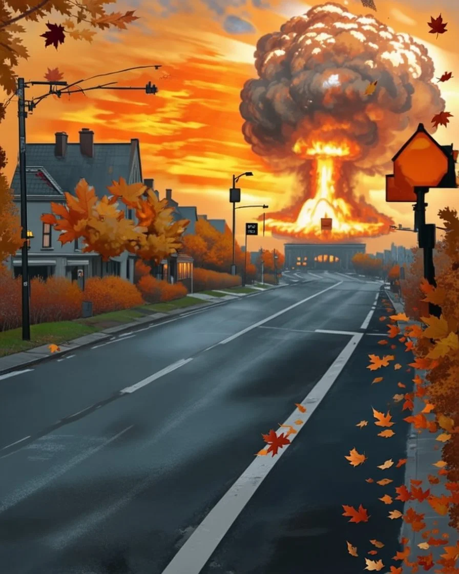 town street with a nuclear explosion in the distance, autumn colors, leaves falling on street, leaves falling in foreground, light source is the nuclear explosion, yellow orange brown pallet, very low vantage point, digital painting
