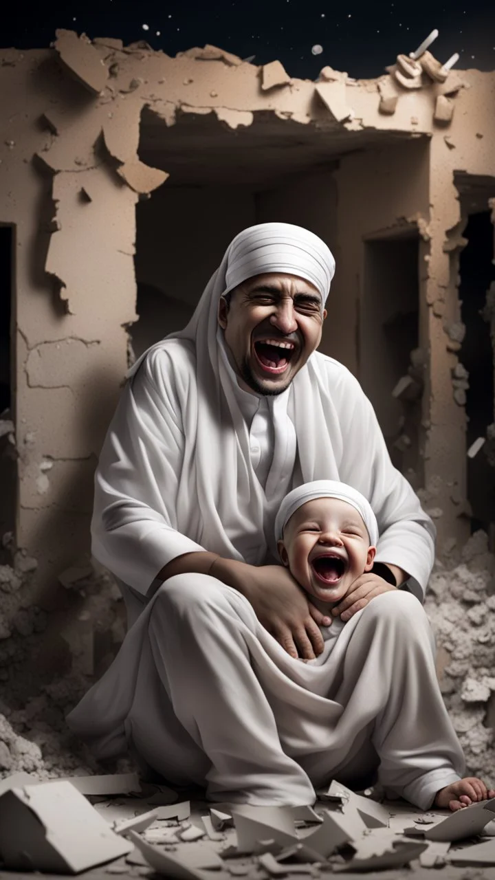 Hyper Realistic Arab leaders laughing on a crying baby in a destroyed house with broken walls at night