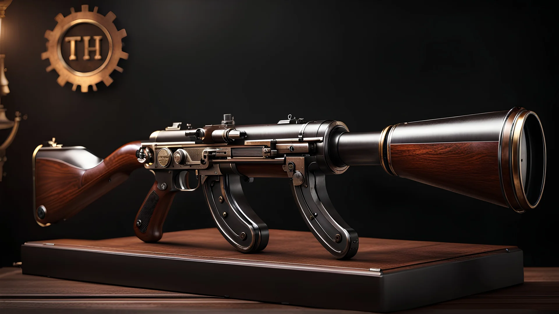 High-end state-of-the-art STEAMPUNK aesthetics flawless Soviet PPSH-41 submachine gun,front view Highest quality telescopic Zeiss Zoom lens, supreme cinematic-quality photography,waltnut wood handle,Art Nouveau,Vintage style Octane Render 3D technology,hyperrealism photography,(UHD) high-quality cinematic render,Insanely detailed close-ups capturing beautiful complexity,Hyperdetailed,Intricate,8K,