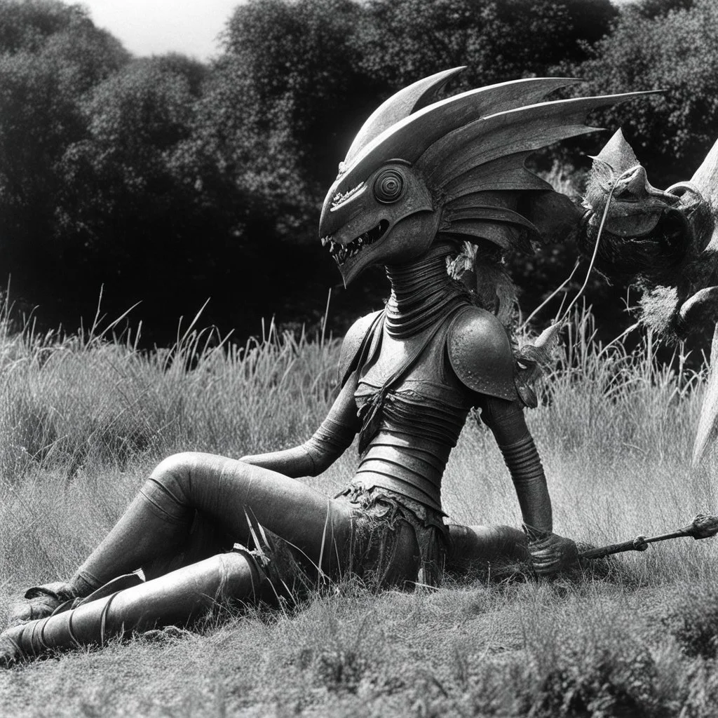 [high res photo by Ray Harryhausen] thought to myself What could that mean? Am I going crazy Or is this just a dream? Now wait a minute I know I'm lying in a field of grass somewhere So it's all in my head And then I heard her say one more time