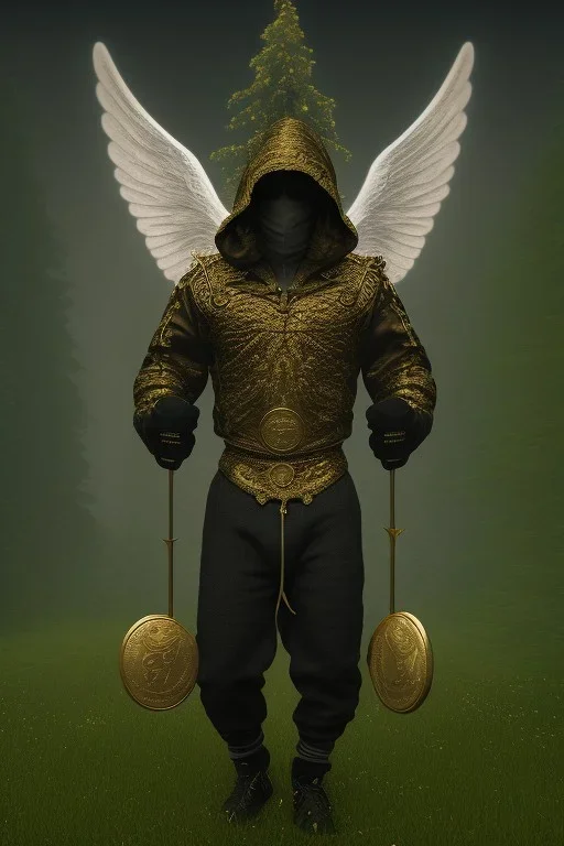 running berserker portrait , no face, black jogging suite , in the night Alps , holding coins , angels background, volumetric gold light, high detail, dark leaf tree, dark mountains in background, perfect, HR Giger style