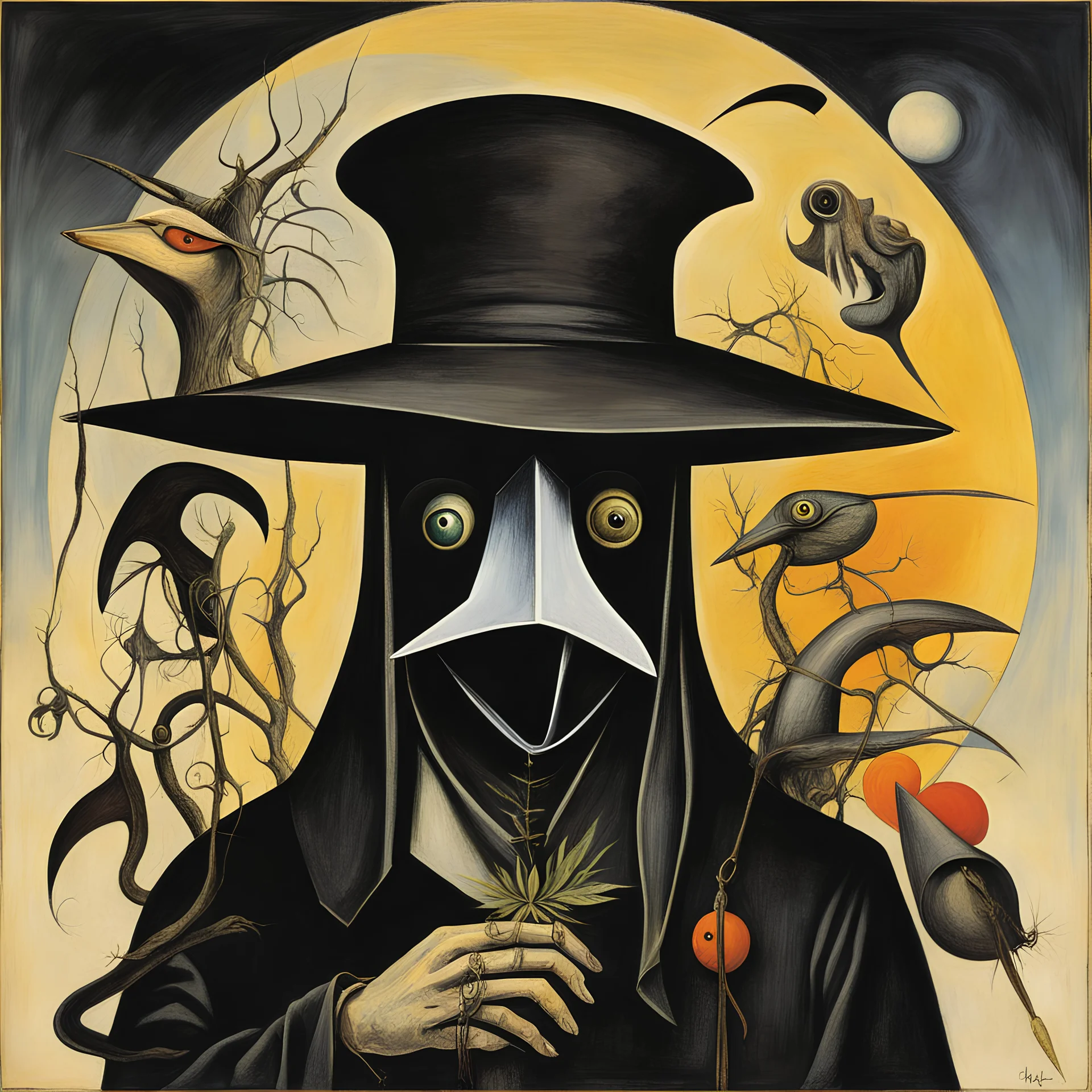 Dark Shines Plague doctor vivisects himself, Graham Sutherland and Joan Miro and Bridget Bate Tichenor deliver a surreal masterpiece, muted colors, sinister, creepy, sharp focus, dark shines, asymmetric, upside-down elements for no reason