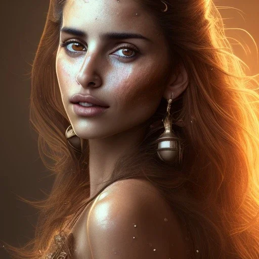 best quality, realistic lighting, masterpiece portrait of Penelope Cruz from pirates of the Caribbean, details, light dusting of freckles,wet luscious lips, shot from above, simple chain hauberk, warhammerVector art matte painting digital illustration 3D shading CryEngine Behance HD 3Delight