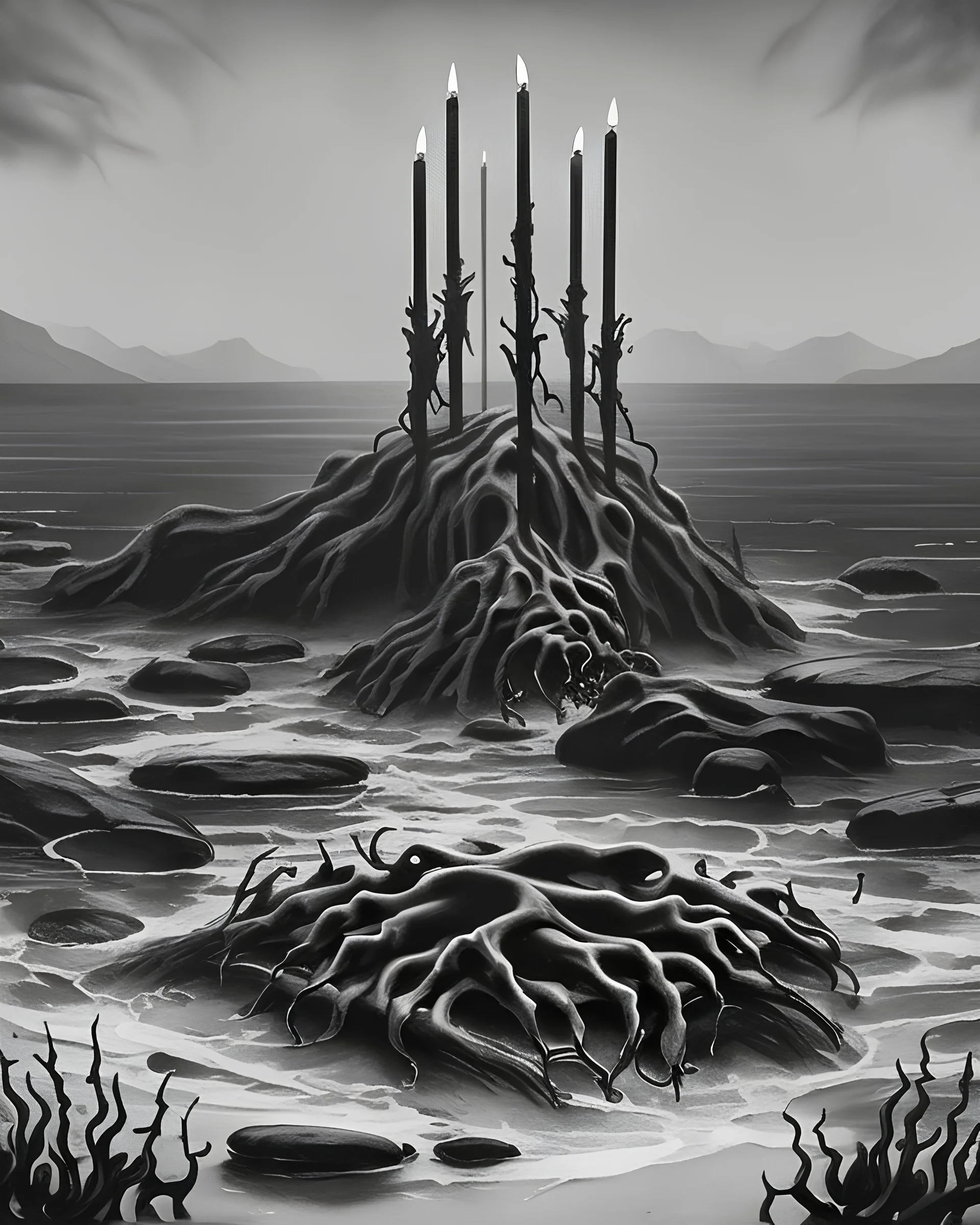 Create a monochromatic Black Metal album cover for a Band with a figure in corpse paint surrounded by bones of aquatic creatures with a table in the foreground with 3 lit black candles burning