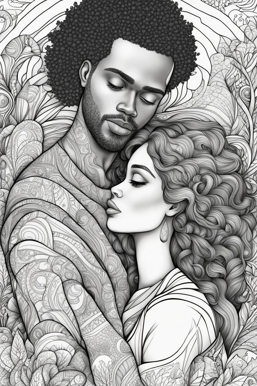 Coloring book page, black and white, Black couple in love, high detail, thick lines