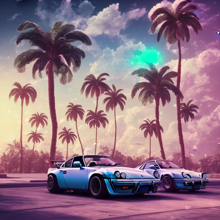 1980's aesthetic vaporwave palm trees and spheres and Porsche with lightning