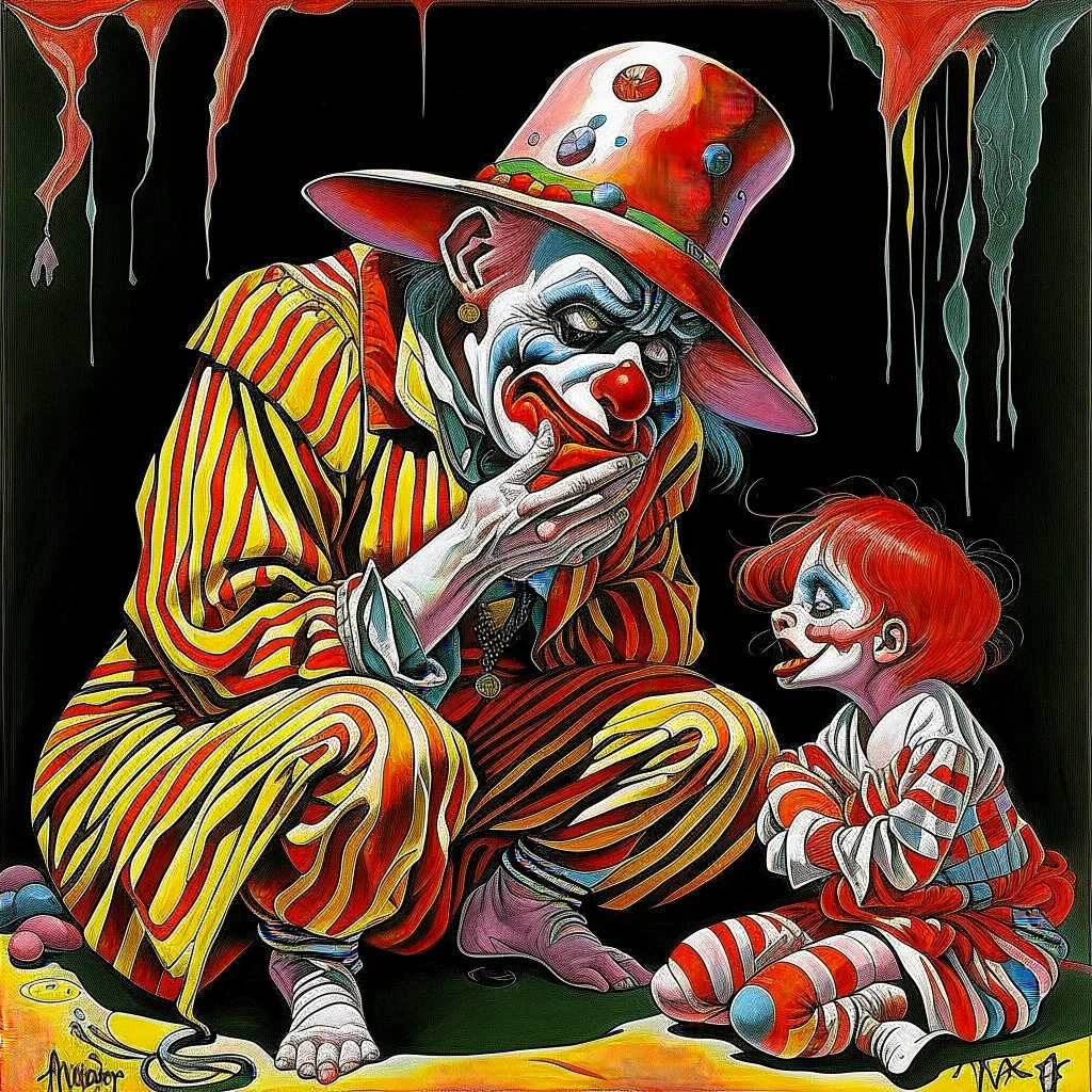 I saw a troubled clown With tears in his eyes, A little girl kept tugging His thigh, She wanted to play with him, by Gerald Scarfe, fantastical detailed 3D artwork, dreamscape, deep color, complementary colors, trending on DeviantArt.