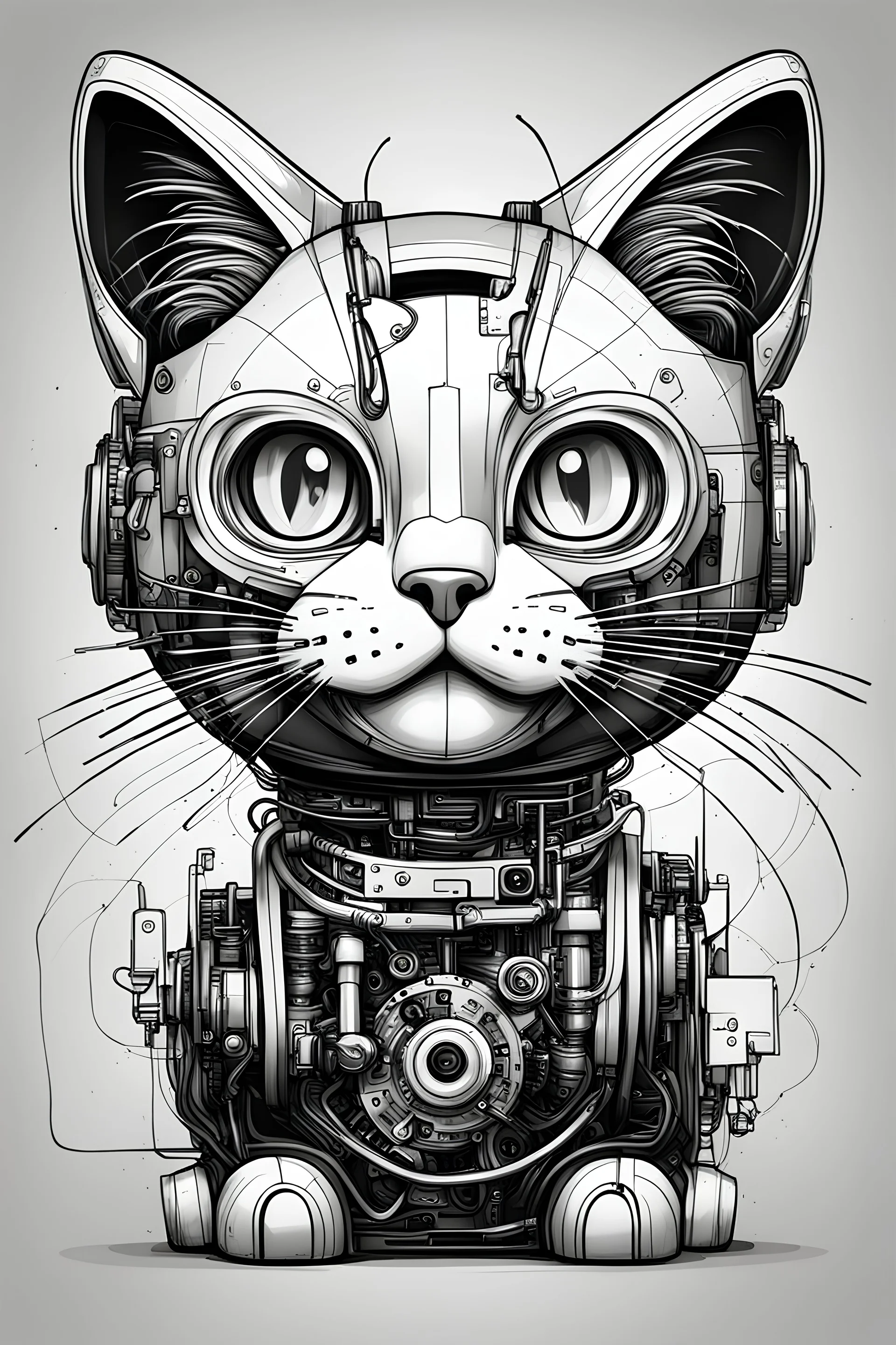 charmie cat, black and white, smile, robotics parts, lineal draw, sketch style, tecnological background.