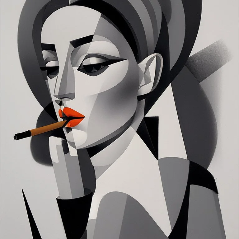 a black and white photo of a woman with a cigarette, a cubist painting by Alexander Archipenko, cgsociety, cubism, cubism, angular, picasso