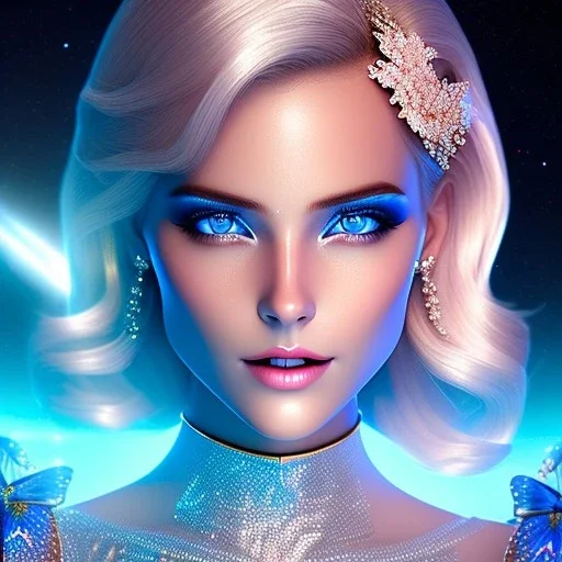 Full body Princess, sexy woman blondie, make up, beautiful smiling face,blue eyes, beautiful place,amazing, flowers, colors, blue and pink butterfly, realistic, photo real, stars night, detailed, high contrast, 8k high definition, unreal engine 5, extremely sharp detail, light effect, light background