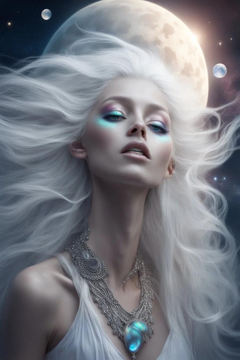 falling broken moon, gorgeous ethereal primitive goddess extraterrestrial female, flying upside-down, curious expression, opal piercings, beautiful face, mesmerizing reflective galaxies in eyes, smooth translucent diamond skin, transcendental, wind blowing through long white hair.