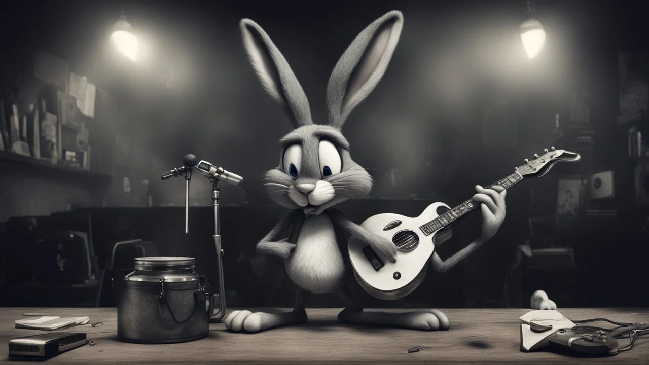 photorealistic deppressed dark melancholic sad Bugs bunny with blackeye deppressed doing music rock and roll dark heavy metal on a scene alcoholic, ciggaretes sad sad sad ciggarets