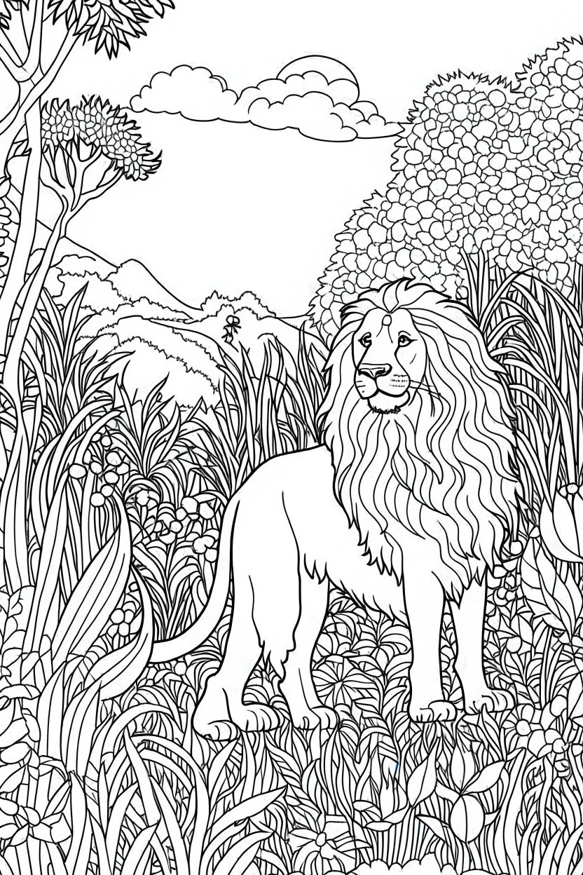 Outline art, no shading, lion and dog full body in the garden, cartoon style, black and white, low detail, --ar 9:11