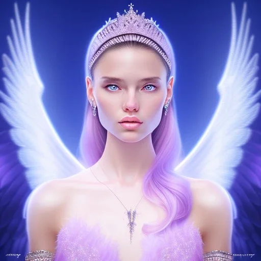 portrait of a beautiful woman with an angel face, pink and blue dress, jewels, soft light aura