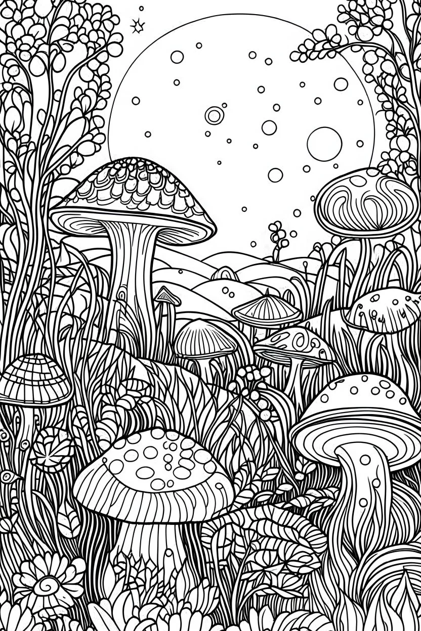 STRESS RELIEF themed coloring page for adult, cartoon style, thick outline, low details, no shading, no color, A delicate pattern of softly glowing mushrooms in a moonlit meadow