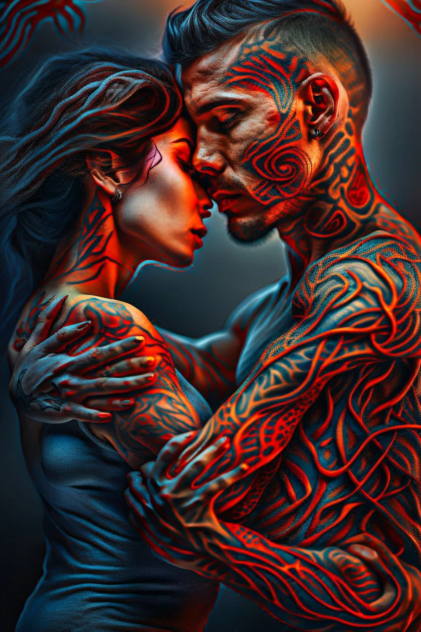 Multiple entanglements between a twisted thin piece of cloth as part of many twisted and spiraling branches disappearing into the distant mist, epic photo, 2 beautiful lovers are embracing, stunning tattoos that intwine with eachothers tattoos,sharp on highly detailed skin with wrinkles and high contrast, photorealistic, 4K, 3D, realism, hyperrealism, detail, good lighting, detailed texture, modern photography style, 3D, 4D, 4K