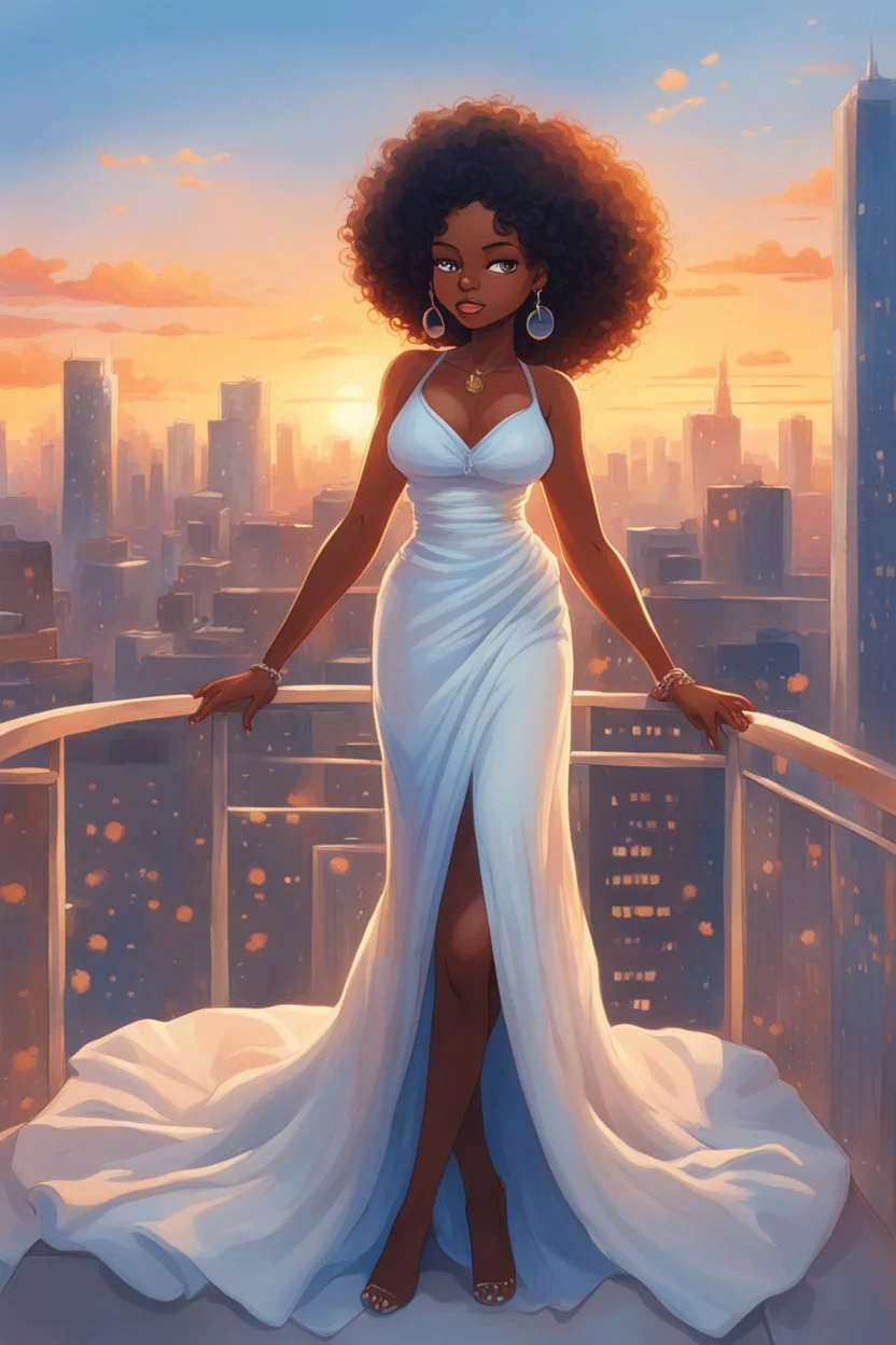 The scene opens onto a serene balcony overlooking a bustling city skyline. The sky above is painted in soft hues of blue and orange as the sun begins its descent, casting a warm glow over everything it touches. In the foreground stands a captivating figure, airbrush chibi cartoon curvy black woman exuding confidence and elegance. She is adorned in a flowing white knit maxi dress that hugs her curves in all the right places, accentuating her silhouette. Her choice of footwear is equally stunning