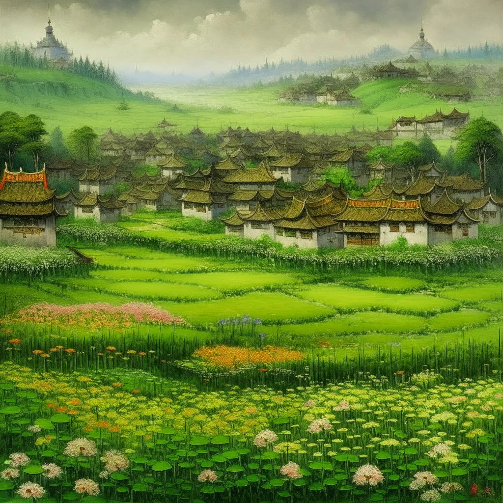 A green grassy town with flowers painted by Guo Xi