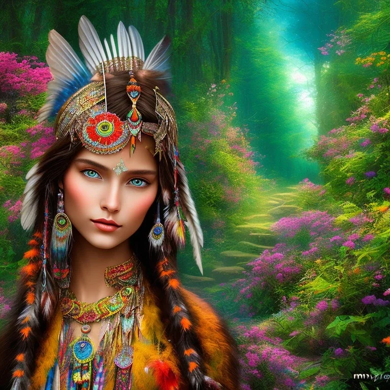 bright native american fairy, beautiful portrait, flowery landscape