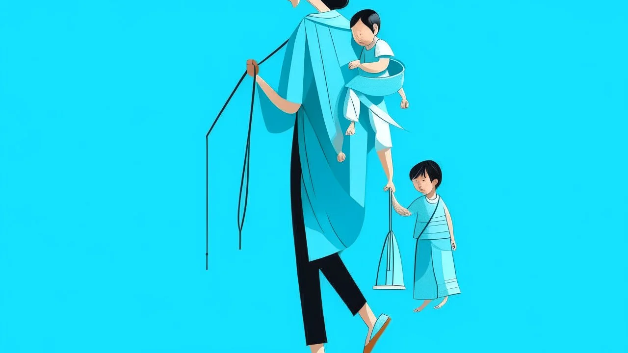 A digital illustration of a woman walking carrying a child in a sling, on an aquamarine blue background, with clothes hanging on a line nearby