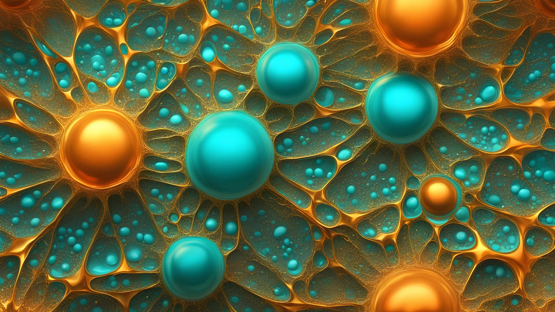 organic multicellular composition of luminous points which undulate to create striking visual effects on a gold, orange and turquoise background,, photorealism, hyper detailed, 8k