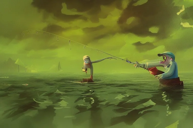 A man is attacked by a mutated monster in sea while he is fishing, cartoon style Simon Stålenhag