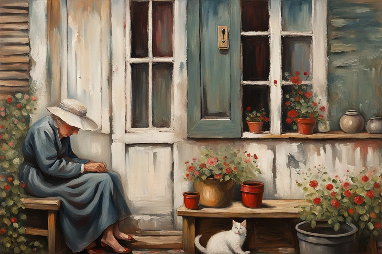 oil on roughened canvas, Textured Scumbling Technique, loose unstructured, Monet brush strokes. vintage feel. Old wooden Open housedoor with peeling paint, window next to door. An old woman with a curled sleeping cat beside her is sitting on an old tatty wooden bench. flowers, and pots. scruffy rundown pop hue of red