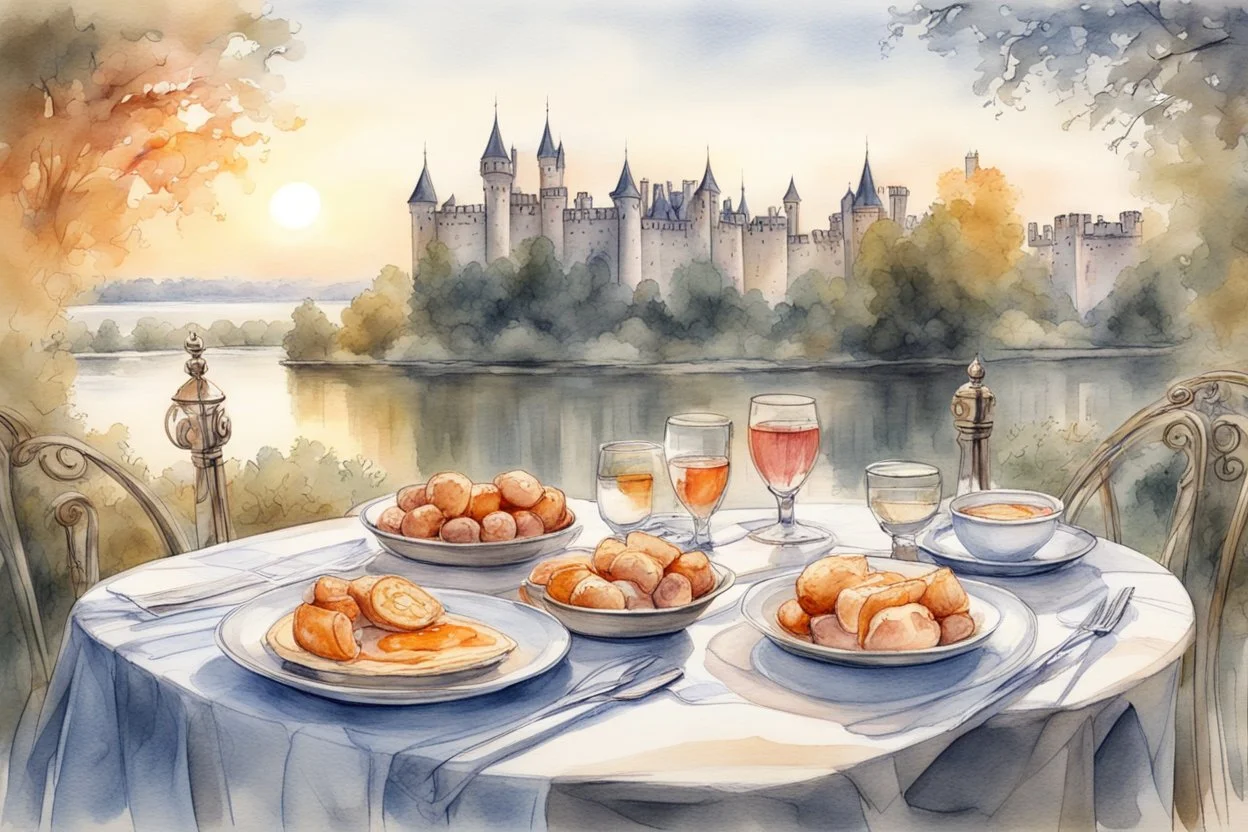 Brunch breakfast on an elegant table in the garden in the background, Castle on the Loire, lake, reflection, sunrise, Misty morning smooth intricate high definition beautiful lighting pencil sketch, marker pen strokes, watercolor polished warm light