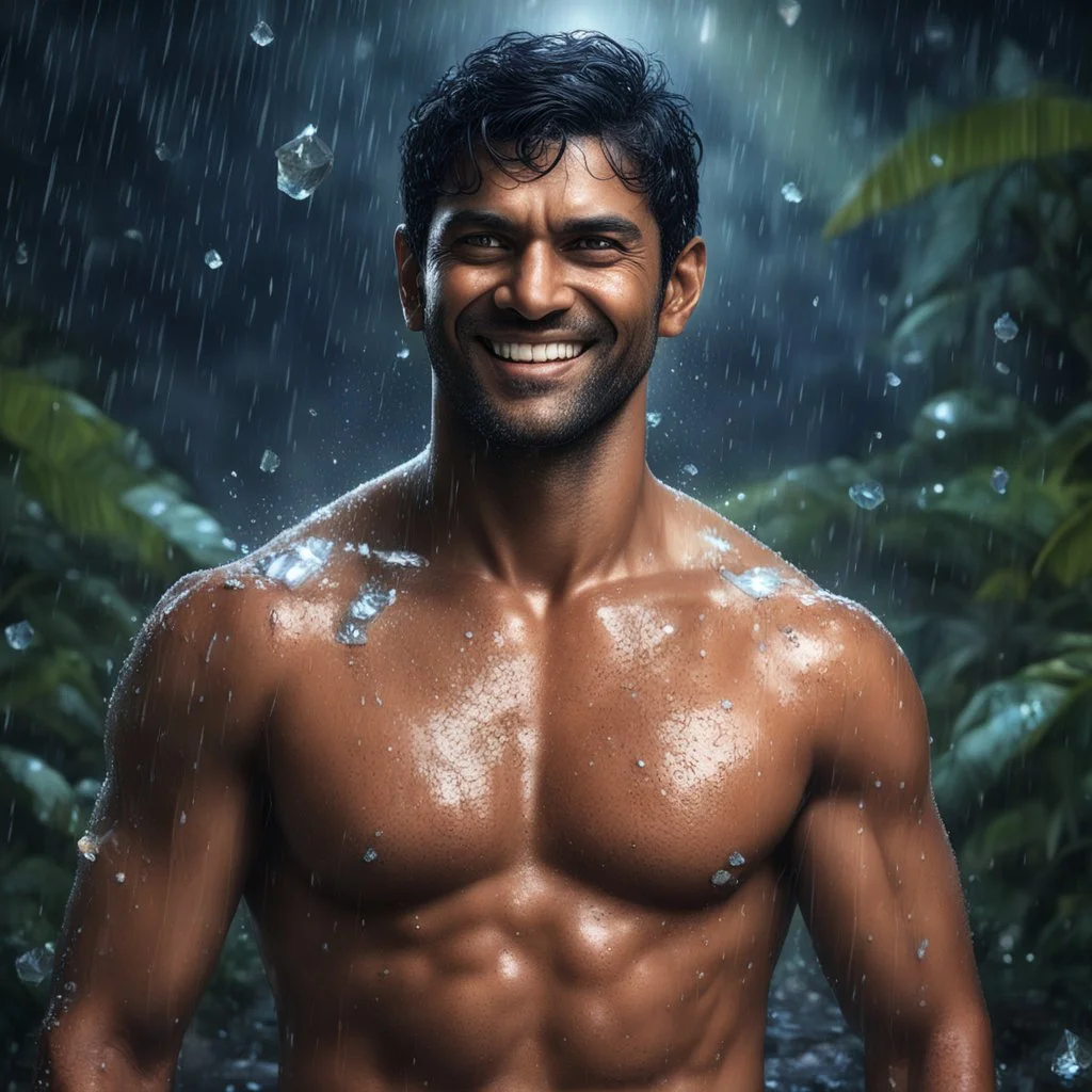 Hyper Realistic handsome shirtless muscular short black hair indian man with wet chest smiling & standing in a dark mystical jungle at rainy night with glowing crystals