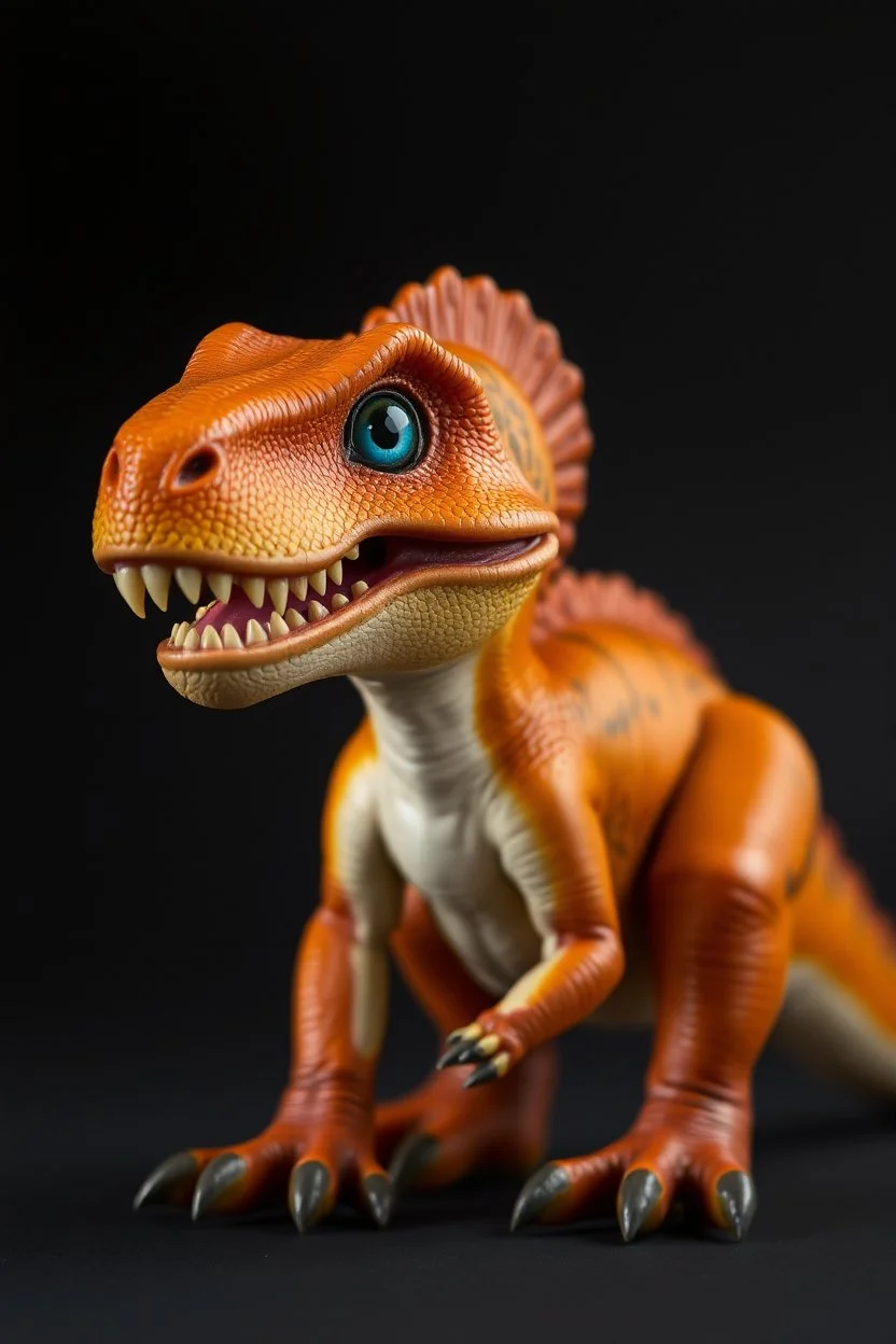 BABY DINOSAUR, TYRANOSAUR, ORANGE, BLUE EYES, YELLOW TEETH, ESCALE MODEL, 3D, HIGH QUALITY, MODERN ART, REAL SKIN, AND REAL APPARENCE