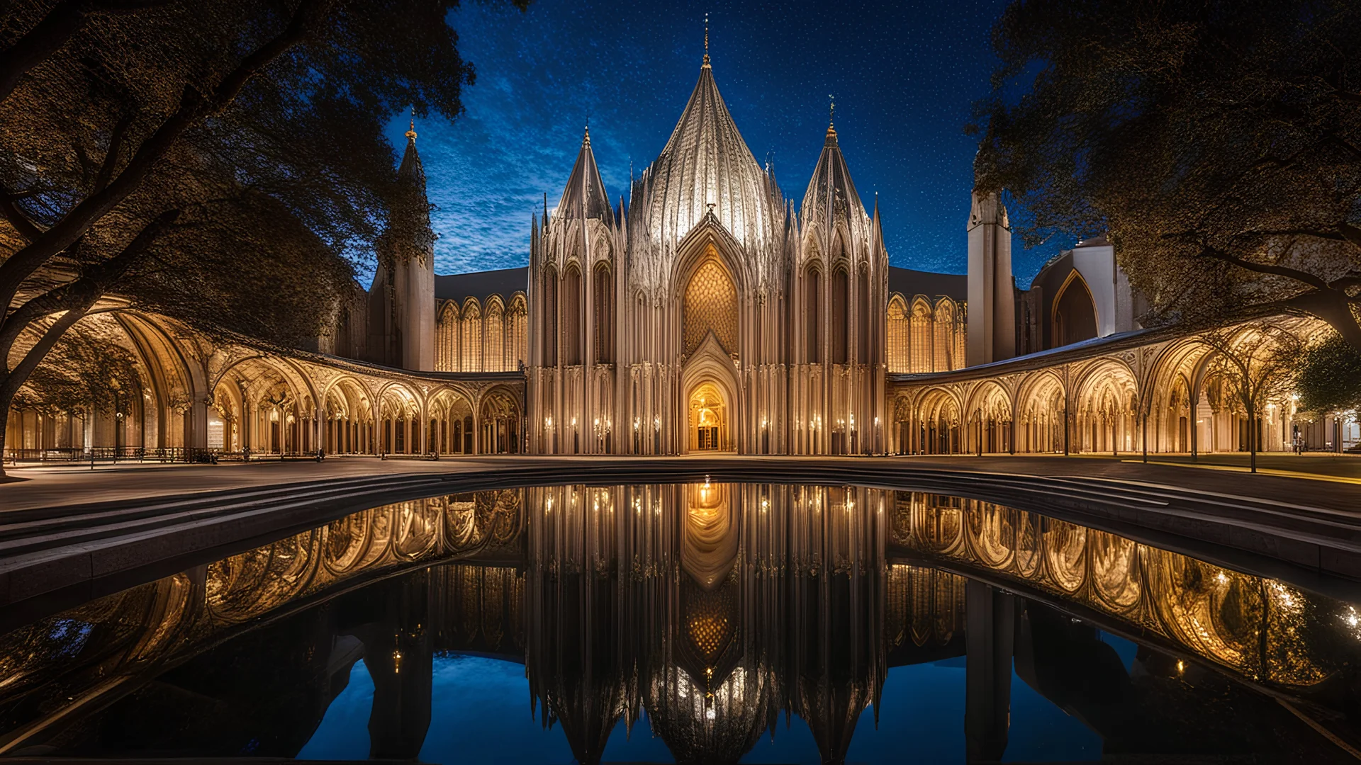 192, delightful, sensitive, confident, undulating sinusoidal cathedral with pointed hyperbolic roofs, delicate, night, darkness, water features, exquisite architecture, innovative design, award-winning photograph, beautiful composition, filled with beautiful detail, delicate colour, chiaroscuro