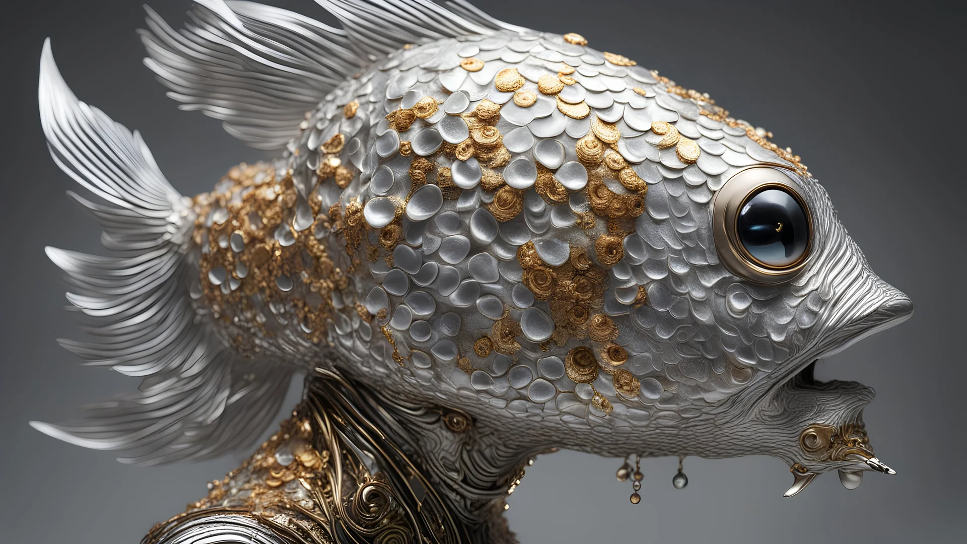 figure of a fish man with fish scale skin, art from Jasper Harvey's "art of control" collection, futuristic optics style, silver and gold, flower, bird, detailed facial features, swirling vortices, 8k 3d, bizarre cyborgs made of crystals, high detail, high resolution, 8K