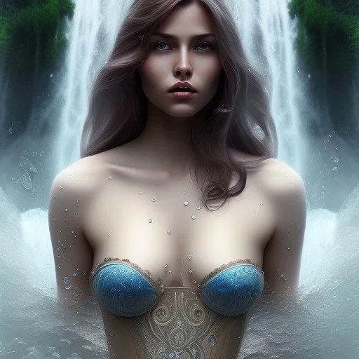 3d realistic woman under waterfall, wet , realistic, 32k, detailed, art nouveau