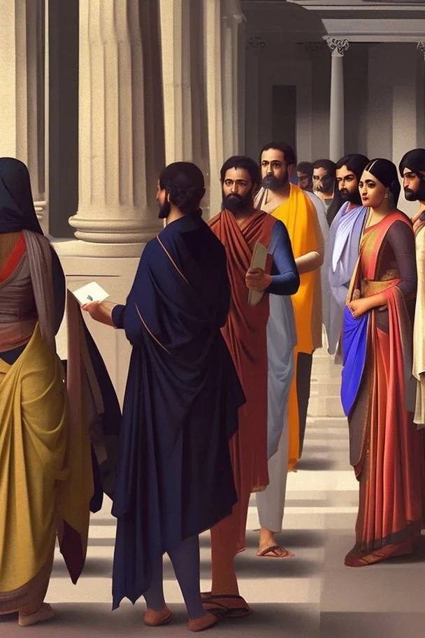 People standing in a line to vote classical painting