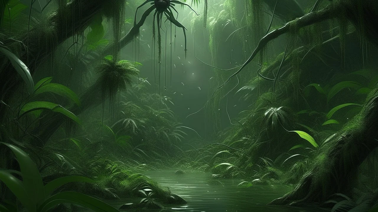 oppressive jungle during a heavy tropical storm, massive leaves dripping with rain, glowing insects and huge spiders among the vines, muddy jungle river overflowing its banks, dark green palette, cinematic fantasy environment painting, highly detailed