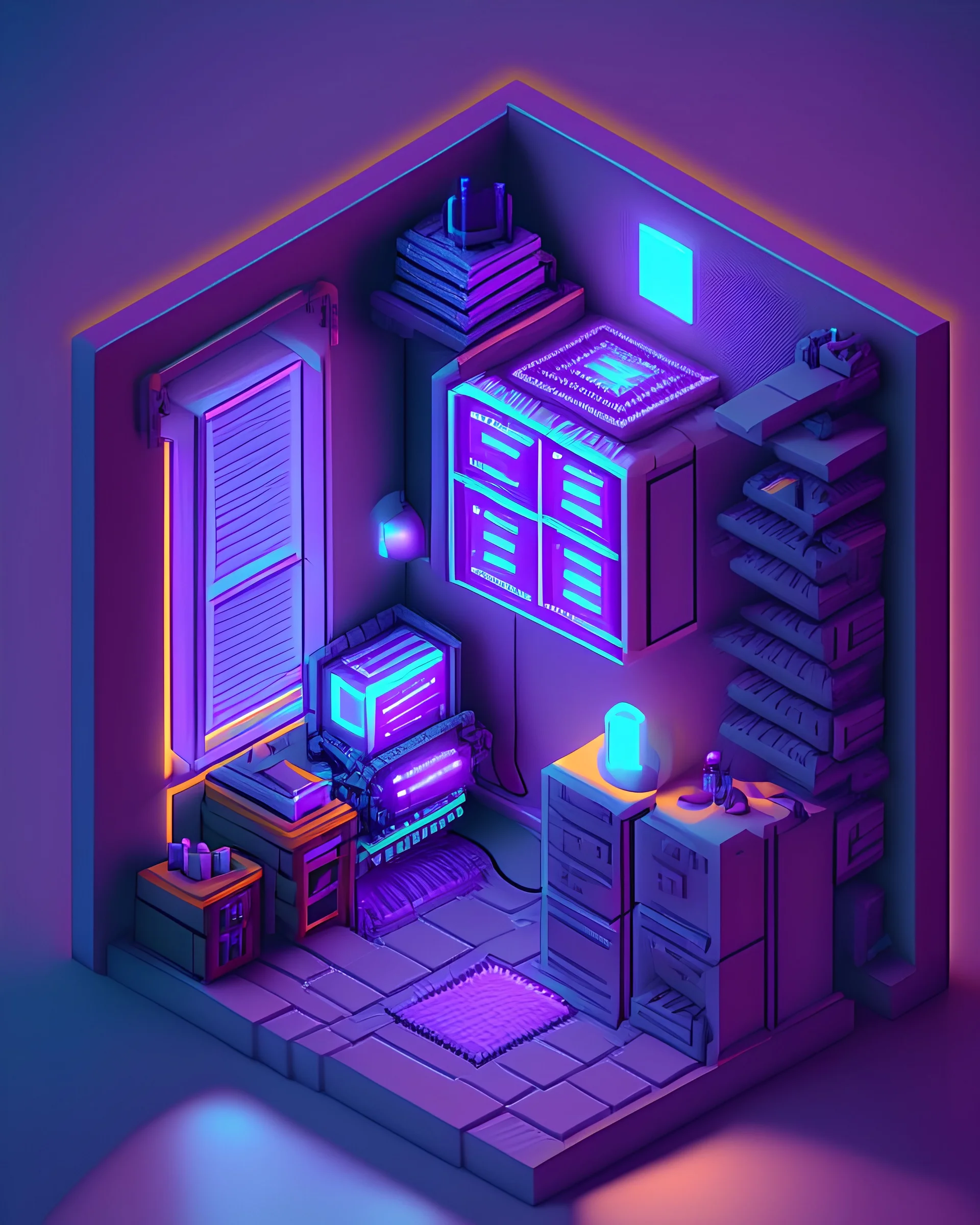 Detailed isometric room, neon, videogame, pixel art, violet robot, unreal engine voxel render