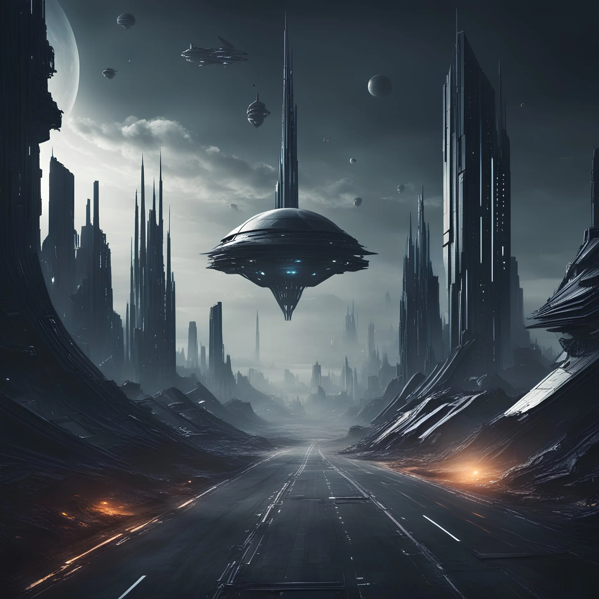 dark futuristic city. roads in the sky. spacecraft in the distance.