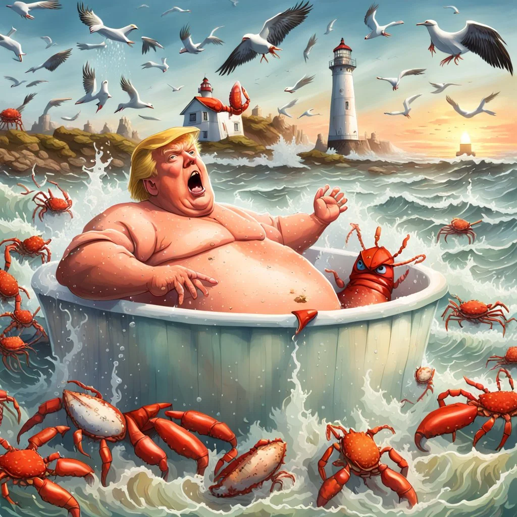 Donald Trump as a Fat man in a claw foot bathtub sinking in the ocean. Water lapping at the top of the tube. Panic on his face. Scared, screaming for help. Surrounded by seagulls, lobsters and crabs. there is a colorful light house in the background.