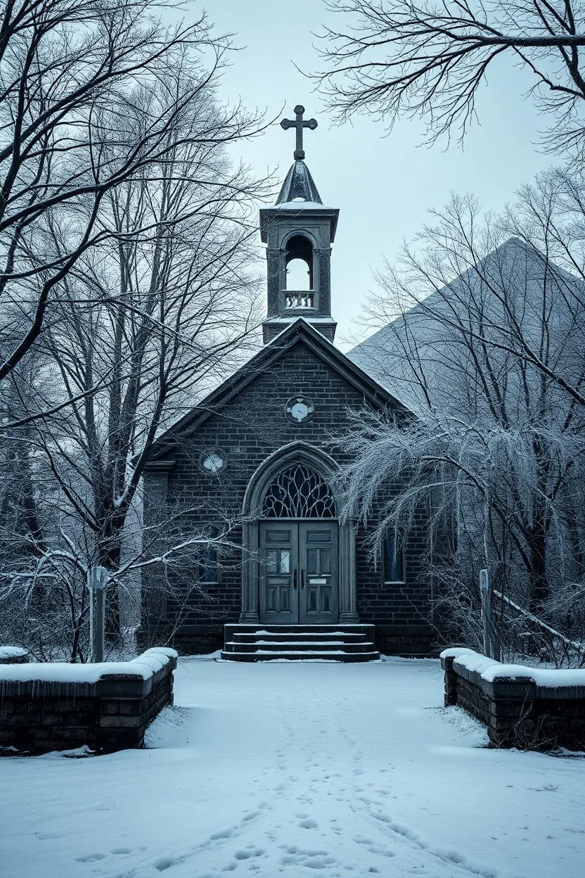 A super high-resolution 2 terapixel photograph of an abandoned church in January. The scene captures the intricate frost formations on the churg and the surrounding trees, with a gentle snowfall adding to the winter wonderland effect. The dim winter light creates a mystical ambiance around the bus formations. Captured with a Nikon Z7 II and a 24-70mm f/2.8 lens, focusing on the serene, frozen beauty of the park.