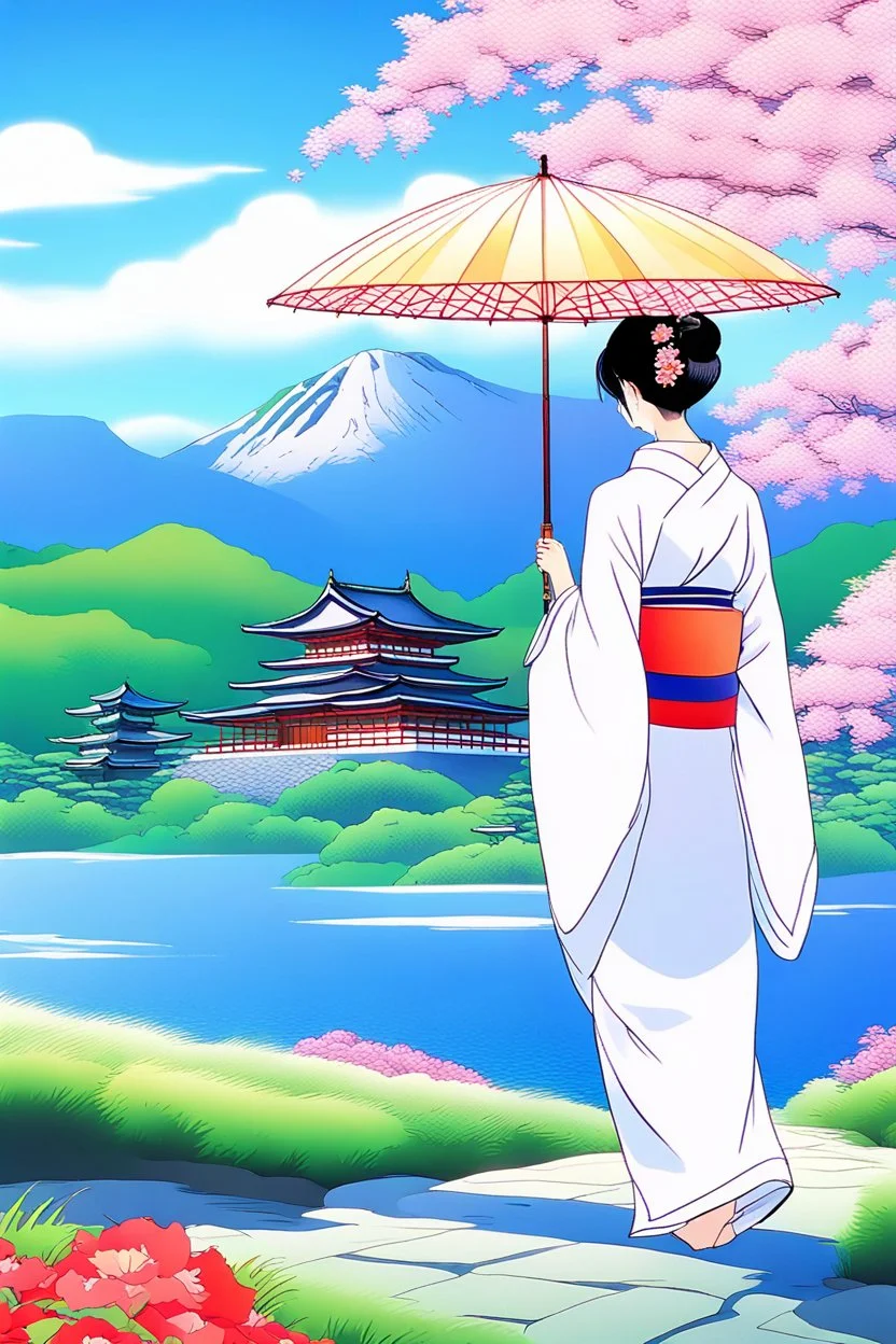 serene and captivating scene of a graceful Japanese woman dressed in an exquisitely designed white kimono adorned with colorful flower patterns. She gently carries a traditional Japanese umbrella as she walks towards a majestic temple. The background showcases a breathtaking panorama of the viewer's landscape, with the temple appearing in the distance. Surrounding the temple, lush green plants and blooming flowers add a touch of vibrant color amidst the pastel yellow and orange hues of the sunri