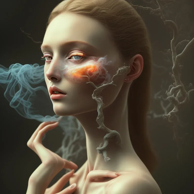 portrait photography of ethereal beauty, 8K, Portrait of a woman by Michelangelo, close-up face, anatomically perfect face, a sunny atmosphere, misty smoke, head crowing from oak tree roots