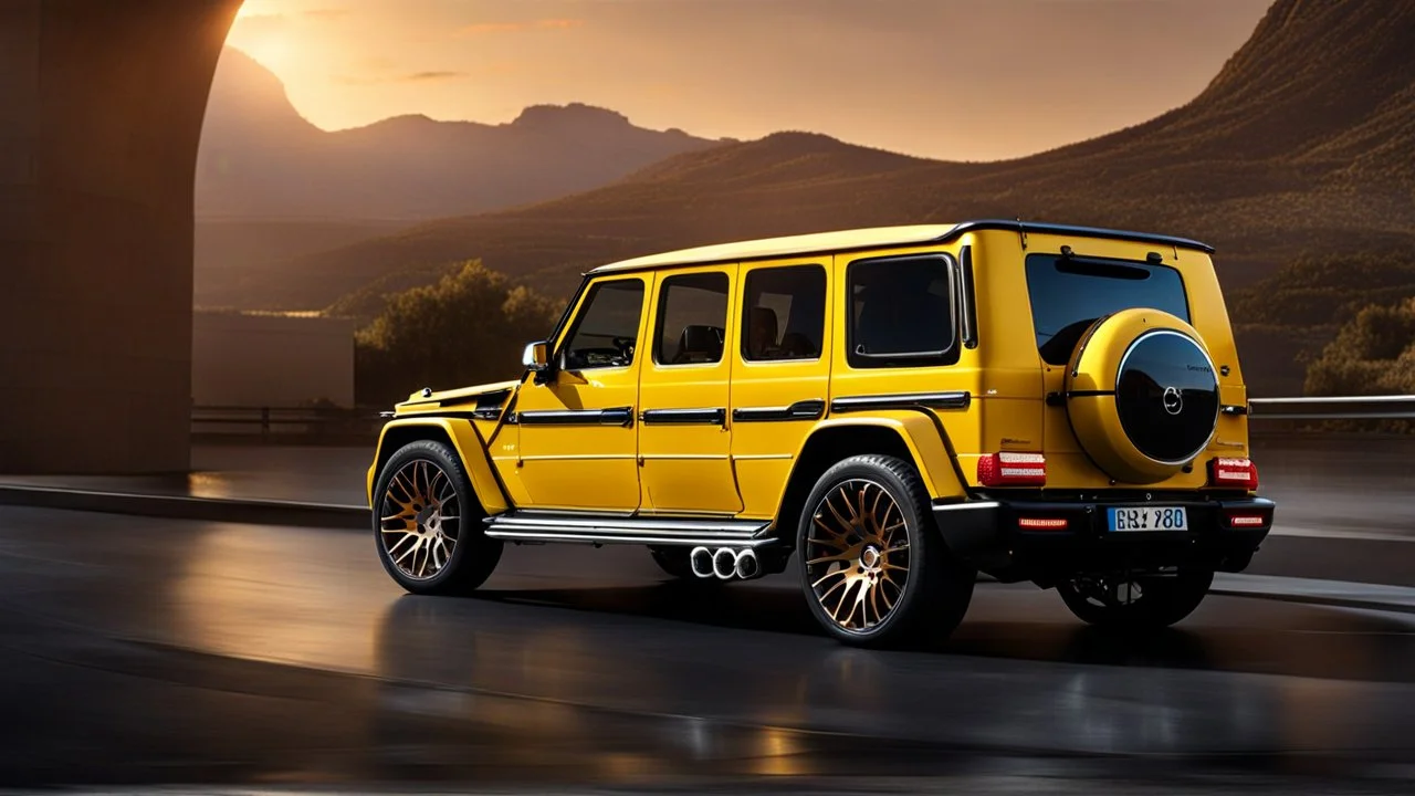 A fusion of G-class and Bugatti Veyron, rear view, cinematic, luxurious --chaos 80 --ar 16:9 --style raw --stylize 700
