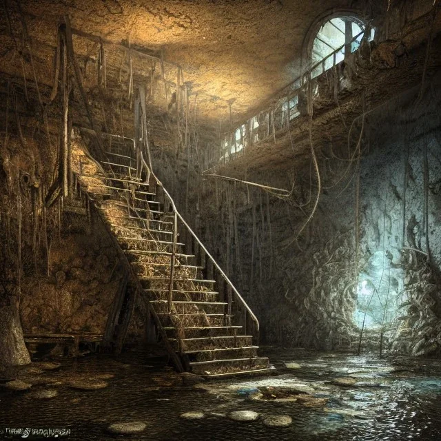 abondoned mine shaft with metal staircase against wall descending into murky brackish water, cavernous mine shaft, flooded, 8k resolution, 3D octane render, intricate, sharp, crisp, ultraHD, digital art, detailed matte, volumetric lighting George Grie, Anne Dittman, Anne Stokes, Lisa Parker, Selina French, brian froud, howard lyon,