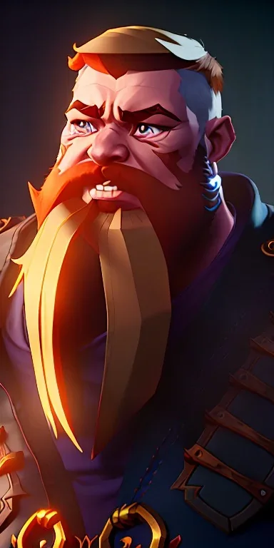 A high detail, high definition, 4k dungeons and dragons character design of a short dwarf male warrior who has a strong build, a thick ginger beard, long ginger hair, and wearing metal plated armor with pauldrons, dynamic lighting